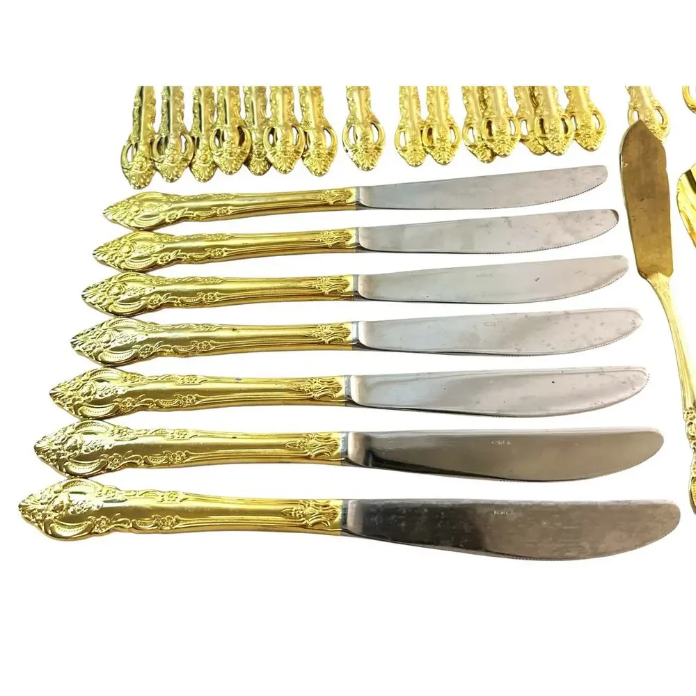 Vintage 44 Pc 24K Gold Plated Korea Flatware Set Ornate Rose Pierced